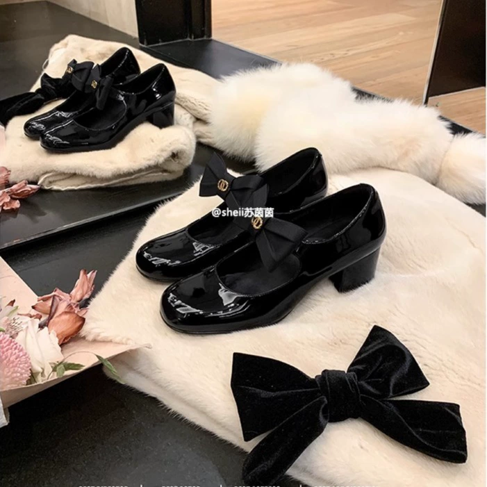 [В том же стиле, что и Су Иньинь], золотые туфли во французском стиле ~ Шанель на толстом высоком каблуке с бантом Мэри Джейн, однослойные туфли, женские вечерние туфли