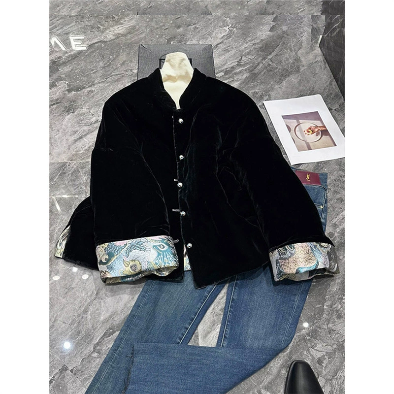 2843 Новый китайский стиль национальный стиль женский черный толстый бархатный пиджак новый зимний двухсторонний костюм Тан