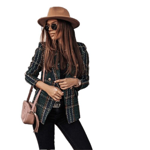 Independent station Wish new winter and autumn long sleeve double-breasted suit collar printed women's jacket