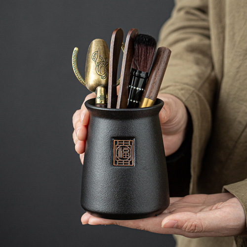 Tea set accessories for tea ceremony with six gentlemen made of ebony wood, tea tongs, tea knife, tea pot brush, tea utensils and brewing tools 