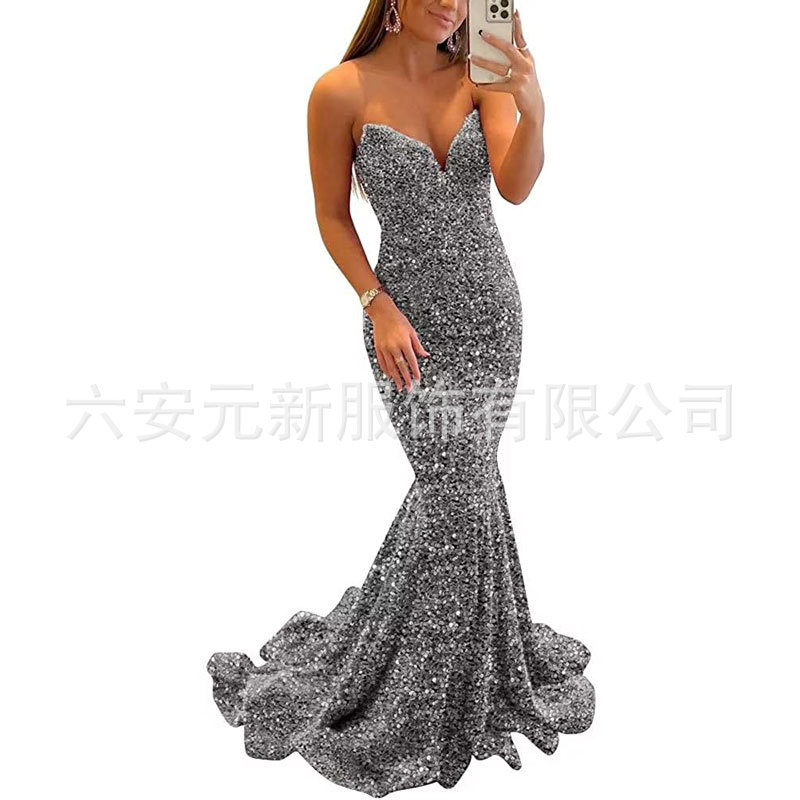 Europeo y americano Comercio exterior Amazon nuevo lentejuelas fishtail sexy V-cuello adelgazamiento largo banquete bola fiesta vestido de noche image 17