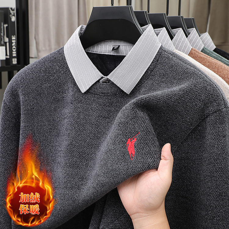 Winter Men's Fleece-Lined T-Shirt, Thickened Men's Sweater with a Turn-Down Collar, Faux Two-Piece Fleece Base Shirt, Long-Sleeve Thermal Top
