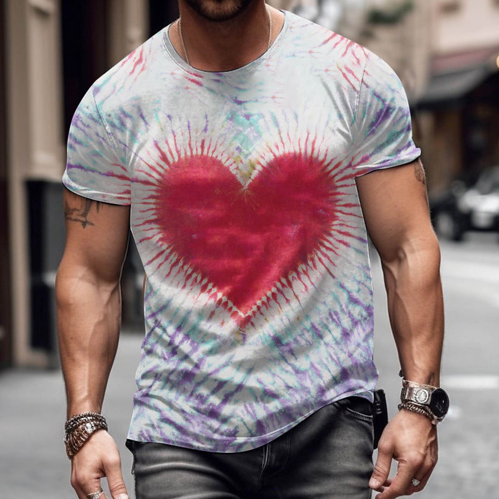 Moda romántica Día de San Valentín colorido amor 3D cepillado lleno de impresión de los hombres calle alta suelta transpirable camiseta de manga corta en stock