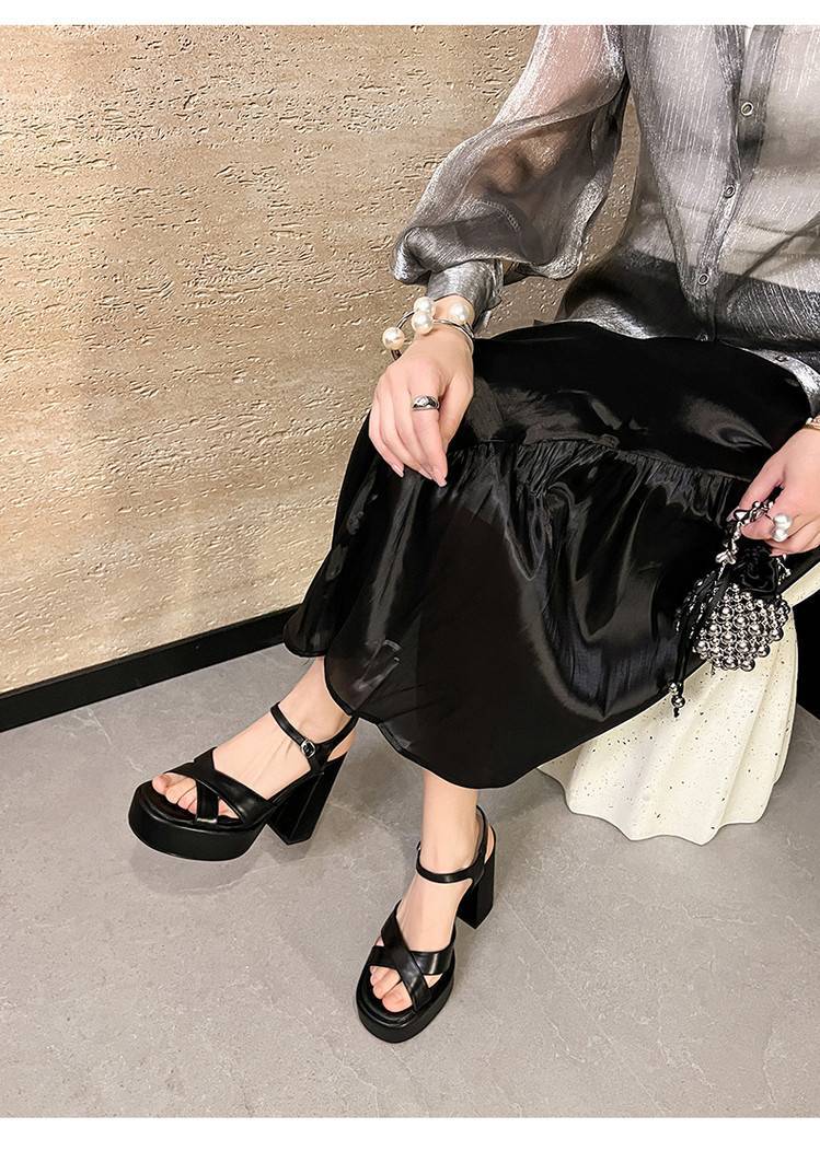 Sandal cao gót nữ quai chữ T đế xuồng gót vuông 9 cm — màu đen, màu trắng ngà chi tiết 9