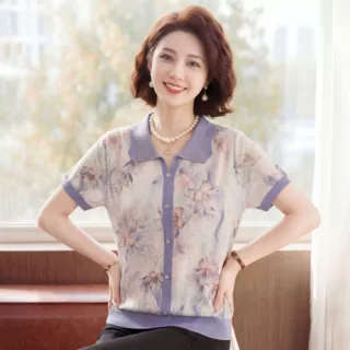妈妈夏装冰丝短袖T恤女圆领洋气透气小衫中老年女宽松上衣两件套