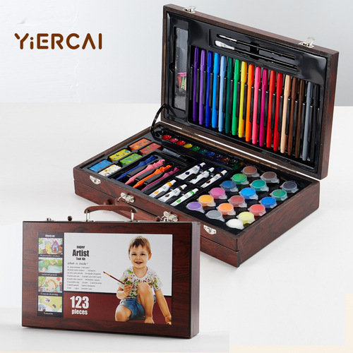 130-Piece Three-Layer Wooden Box Brush Set: Art Supplies, Drawing Tools, Crayons, Watercolor Pens, and Painting Tools with Logo