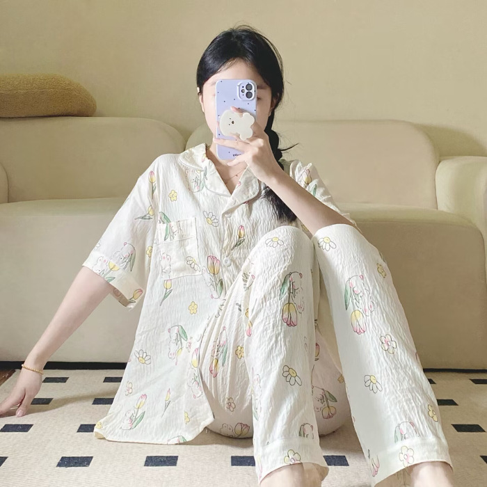 Verano nuevo pijama de amor mujer adorable oso simple ocio delgado nubes algodón ropa doméstica dos piezas conjunto al por mayor