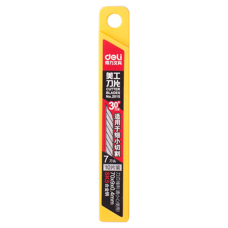 Deli 2015 hoja de cuchillo de arte 30 ° Cabeza de corte oblicua tamaño pequeño 9mm metal aleación de acero cuchillo de corte de papel pieza 10 unids/caja
