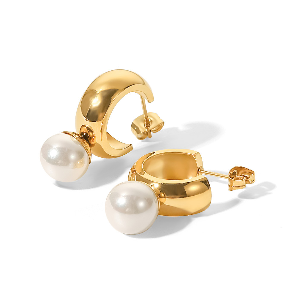 Fashion C Shape Stainless Steel Ear Studs Gold Plated Inlay Pearl Stainless Steel Earrings