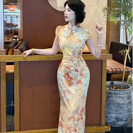 画报夫人复古温柔弹力网纱花朵复古弹力旗袍_短袖橘蓝图片色其他