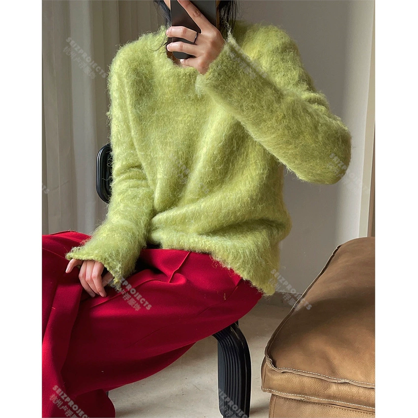 Осенне-зимний новый корейский стиль, свитер из шерстяной пряжи с петлями, мягкий и свободный белый и зеленый топ для женщин