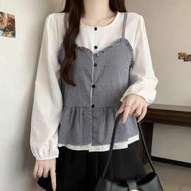 大码女装秋季新款新品感韩系格纹假两件衬衣新款长袖上衣小衫