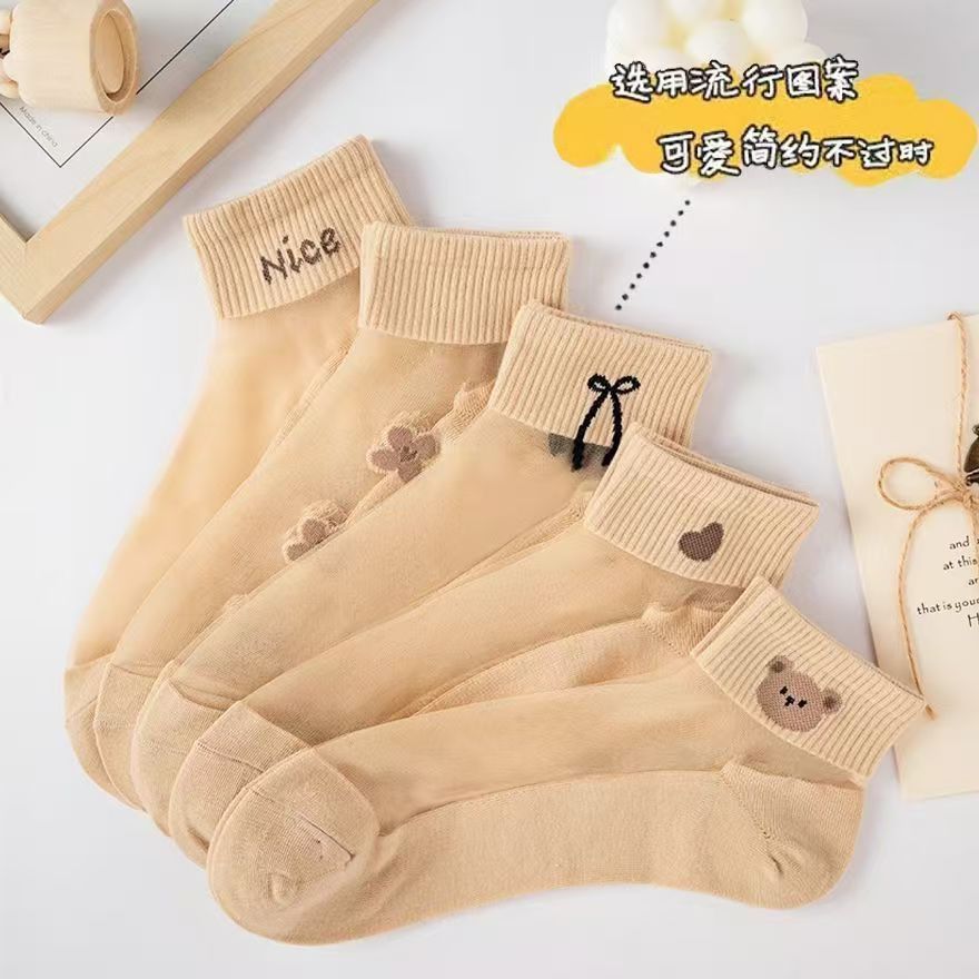 Skin Color Crystal Silk Socks Women's Short Socks Summer Thin Silk Socks Cartoon Bear Bow All-match Boat Socks Women's Socks