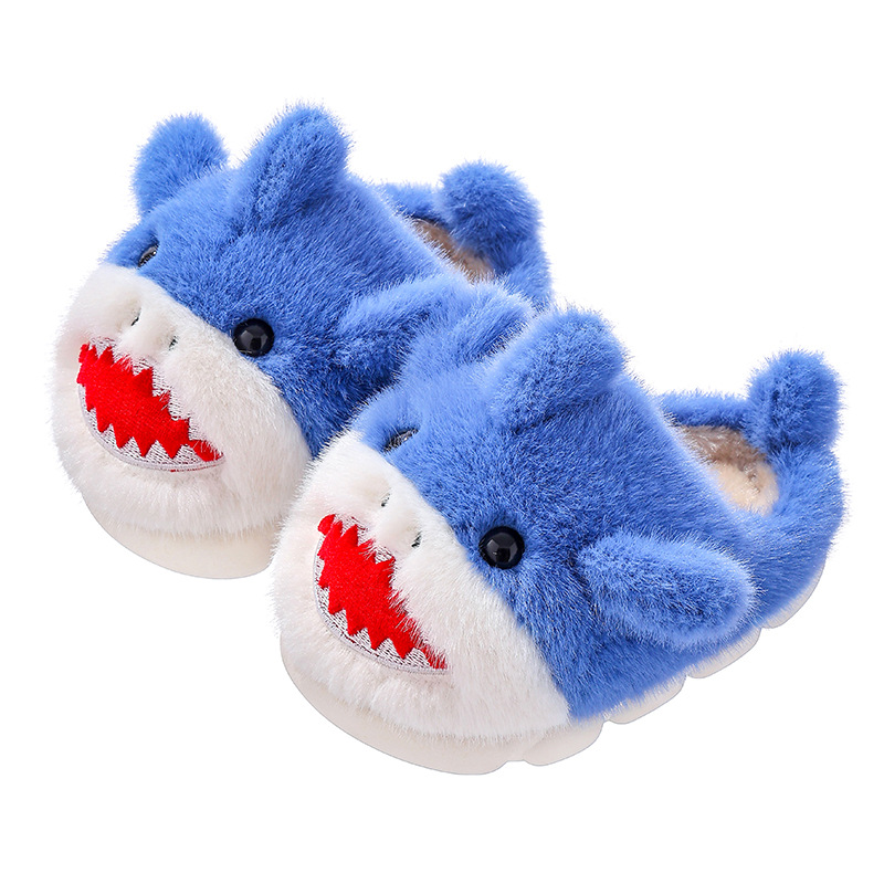 Tiburón otoño invierno zapatillas de algodón para niños, niñas y niñas, calentamiento y veludo antideslizante para padres e hijos, bolsas de tacones de algodón para niños mayores.