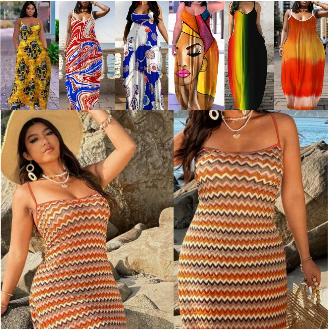 2025 новое европейское и американское модное повседневное платье с принтом на тонких бретельках для женщин, стройнящее, универсальное и омолаживающее.