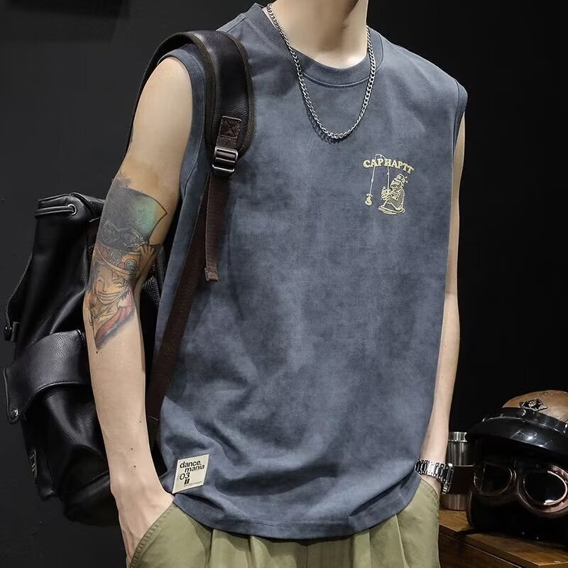 Summer vintage Suede Waistcoat American Letter Embroidered Vest Sleeveless T-shirt Men's One Piece Hair