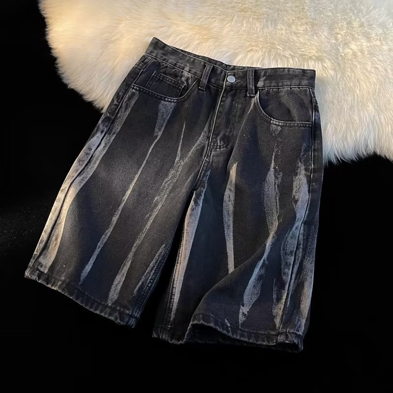 Harajuku Style bf Tie-Dye Denim Shorts Men's Summer Thin Plump Handsome Casual Mid-length Pants High Street Trendy Brand Straight Half-length Pants