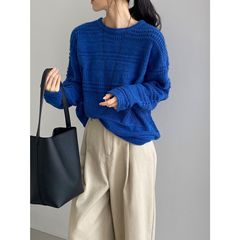 那末 显白蓝！韩系氛围感镂空圆领毛衣女慵懒宽松百搭针织衫Y1293