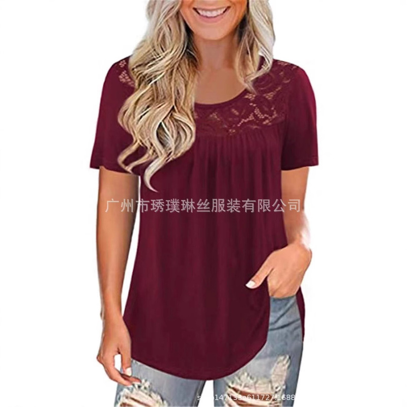2023 Amazon Aliexpress European and American Export New Women's Lace Splicing Round Neck Large Size Short-Sleeved Shirt Top 2023 Amazon Aliexpress European and American Export New Women's Lace Splicing Round Neck Large Size Short-Sleeved Shirt Top