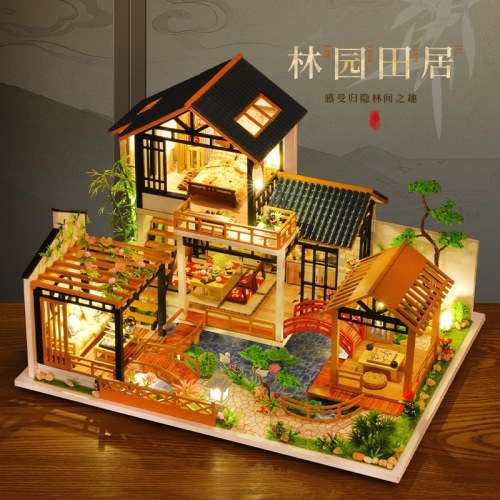 Qiaolexing DIY Small House P018 Lin Yuan Tianju Ancient Style Pastoral Courtyard Villa House Model Creative Gift