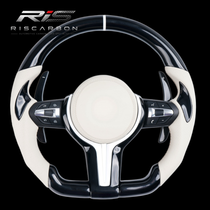 Off-white perforated leather steering wheel compatible with BMW Piano Black F01 F15 F20 F22 F25 F31 F30