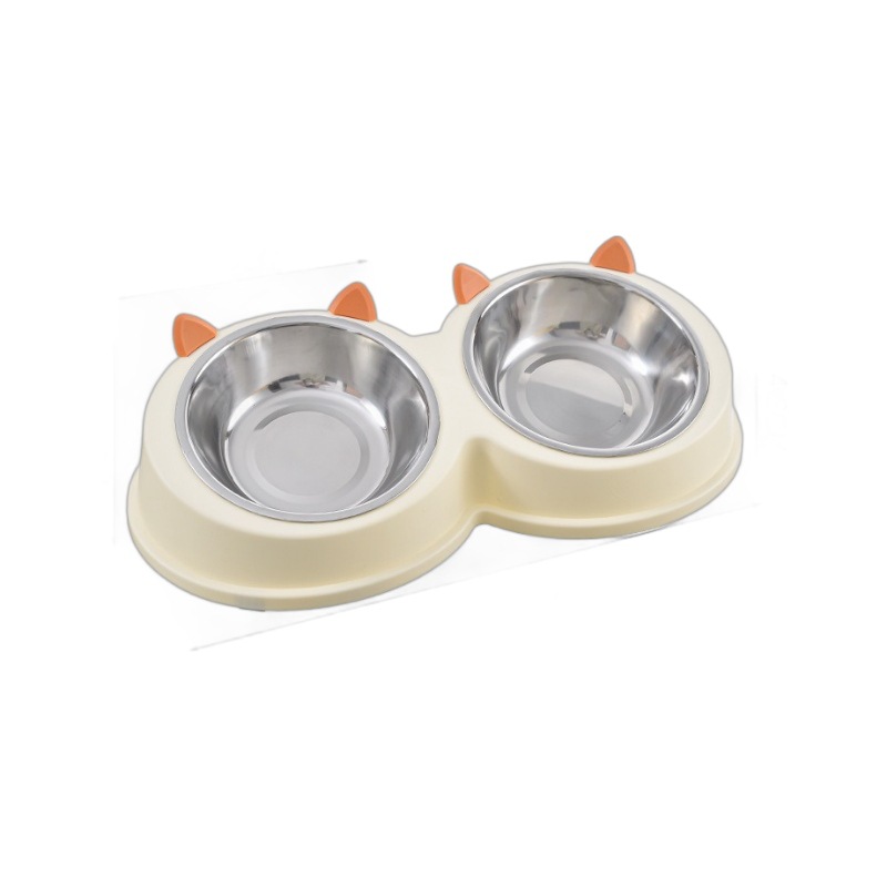 Nuevo tazón para mascotas de acero inoxidable con orejas de gato, tazón doble, anti-volcado, lavabo para perros, perros y gatos, agua potable universal para gatos, tazón para gatos