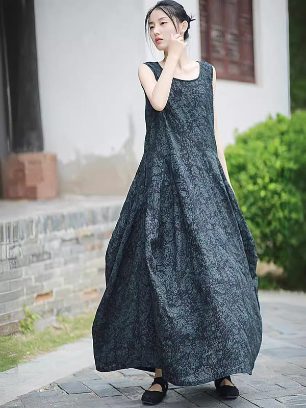 Homemade Cotton Salt-Shrunk Jacquard Vest Dress, Cool Literary Style Extended Version Dress