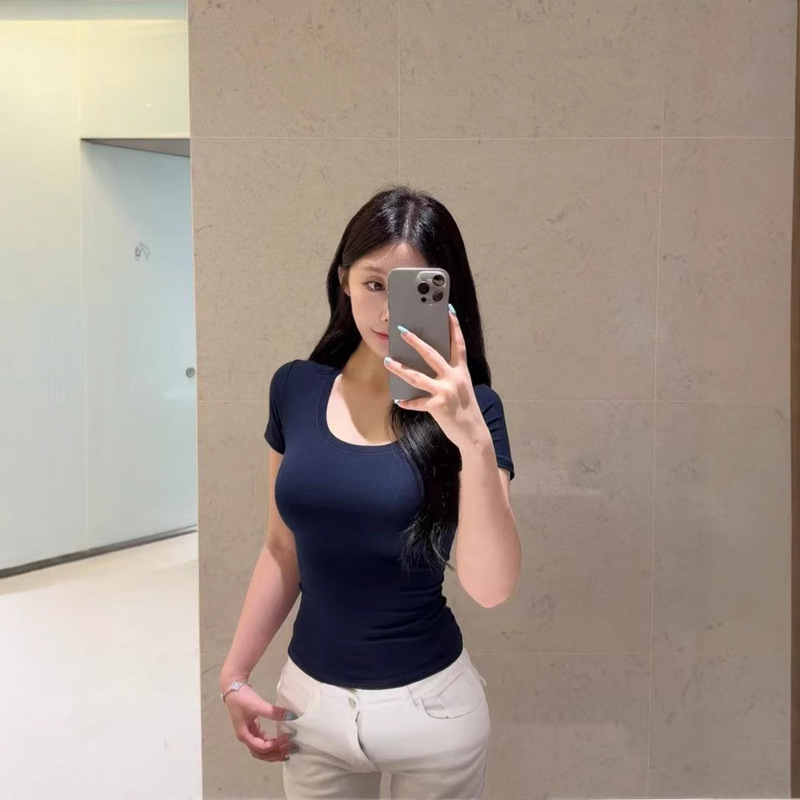 Skims Cotton Jersey Kardashian Short-Sleeved T-Shirt Elastic Slim Bottoming Slimming Look Spring and Summer