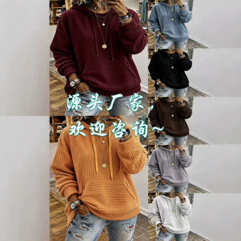 Plus size 26 cross-border autumn and winter new style casual thick corduroy knitted hooded sweatshirt with solid color kangaroo pocket Plus size 26 cross-border autumn and winter new style casual thick corduroy knitted hooded sweatshirt with solid color kangaroo pocket