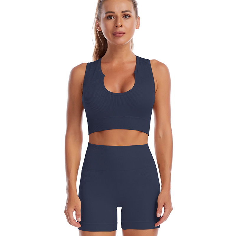 Traje de ropa de yoga transfronterizo, fitness femenino, correr, a prueba de golpes, recolección de ropa interior deportiva, sexy traje de pantalones cortos de chaleco en U profundo