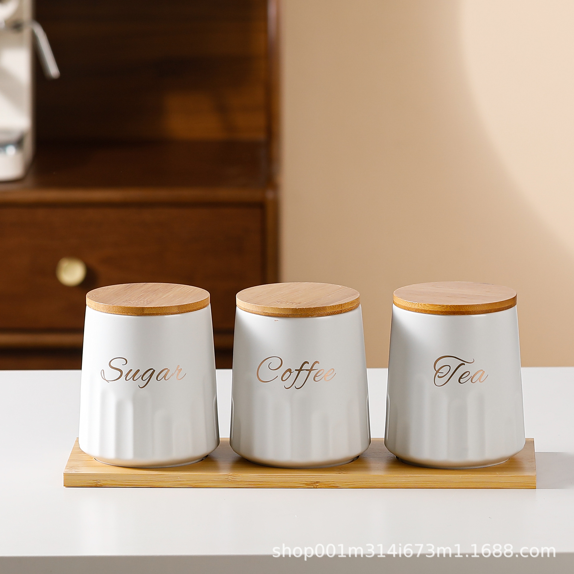 Tanque de sellado de cerámica exportado transfronterizo tanque de almacenamiento cubierta de madera tanque de almacenamiento de té de cocina condimento lata de café set