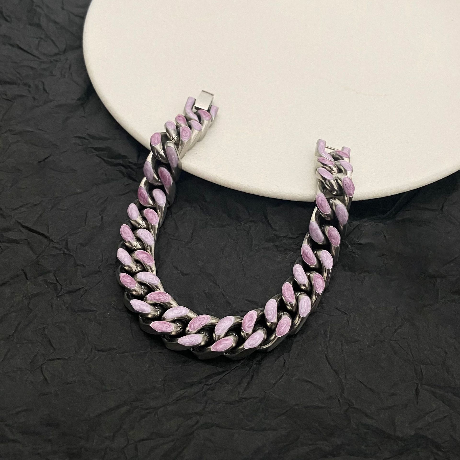 Titanium Steel Cuban Chain Bracelet Double Sided Pink Blue Pair_voghion.com