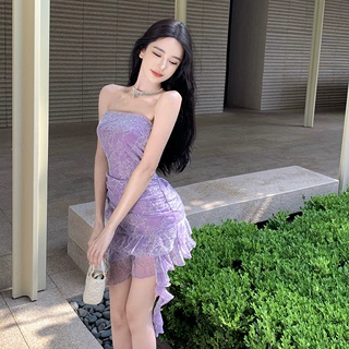 6015气质2024新品时尚性感短款抹胸裙名媛风闪亮礼服旅游度假聚会