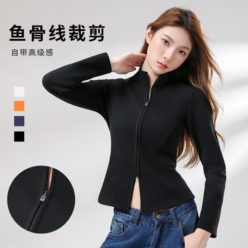 Winter Graphene Black Technology Double Zipper Stand Collar Fishbone Waistline Fleece Jacket Autumn and Winter New Slim Fit Warm Jacket