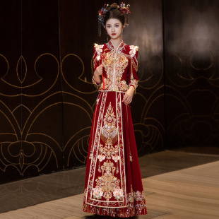 Xiuhe Dress Wedding Dress Chinese Style Wedding Dress 2025 New V-neck Wedding Dress High-end Heavy Industry Velvet Toasting Dress