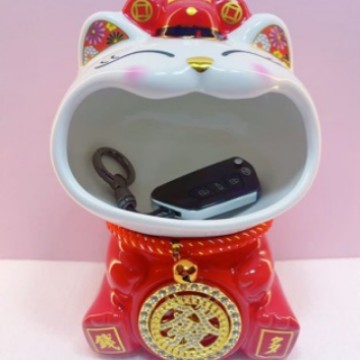 工厂直销陶瓷招财猫摆件玄关 招财猫收纳 转转钱钟表 乔迁
