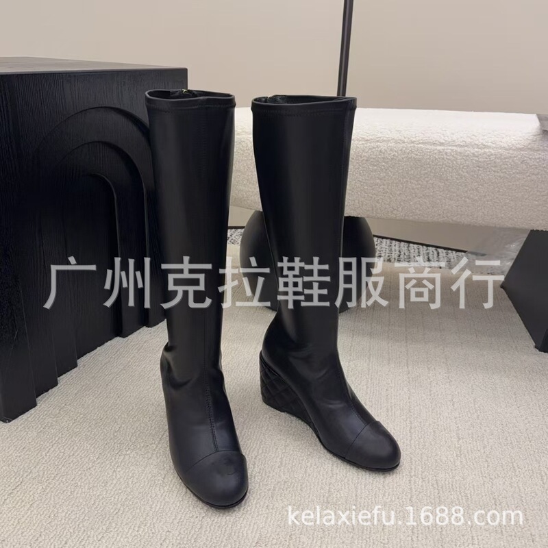 高定2025秋冬小香真皮圆头坡跟后拉链高筒弹力瘦瘦靴高跟不过膝靴|undefined