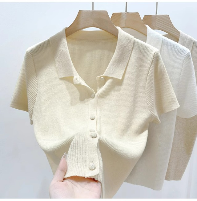 Áo thun polo nữ tay ngắn cổ bẻ chất liệu len lụa mát mẻ — màu trắng chi tiết 7