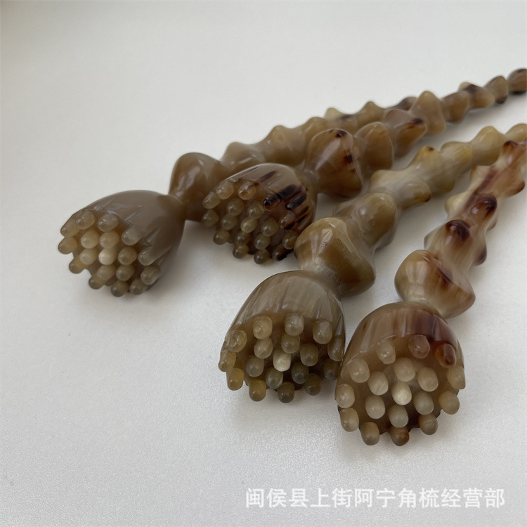 Horn Facial Massage Stick Gujiao Lianpeng 18 Bead Lotus Design Hand Carved Guasha Tool Portable Acupoint Massage Comb quality and texture