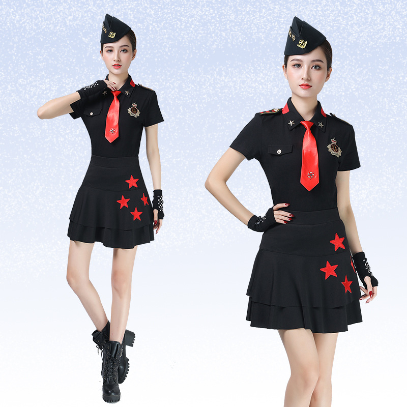 水兵舞服装女新款绣花肩章黑色短袖翻领五星裙子吉特巴演出服上衣