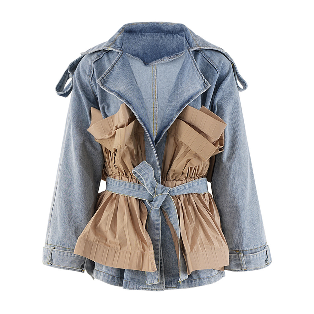 Women's Clothing design lapel denim jacket ruffled contrast color stitching personality lace up top_voghion.com