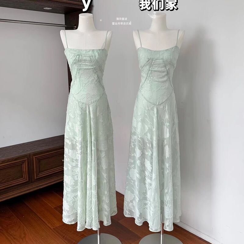 Seaside Holiday Style Green Sling dress Women's Summer Elegant Mesh Stitching Waist Slimming A- line Skirt Long Skirt