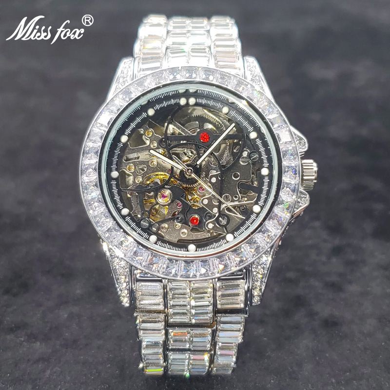 Missfox Watch European and American Popular Hip-Hop Street Trendy Full Diamond Fully Automatic Cut Out Mechanical Men's Watch