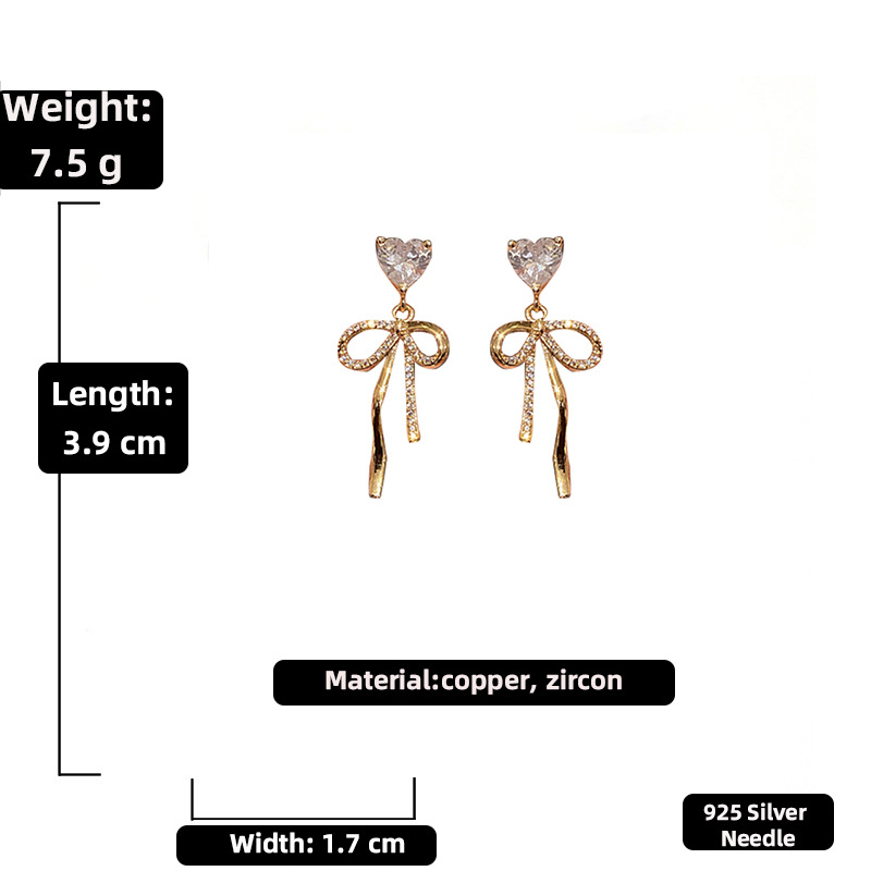 Fashion Zircon Heart-shaped Bow Copper Earrings Female display picture 2