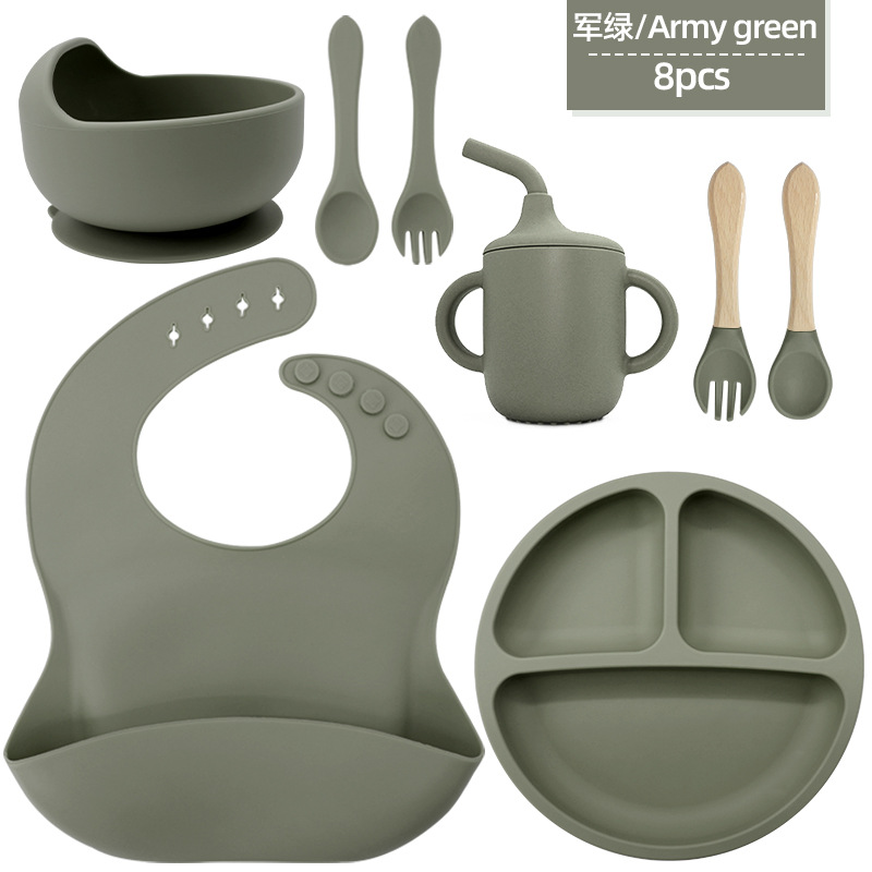 Juego de vajilla de silicona para niños, tazón de alimentos suplementarios, cuchara de silicona para bebé, tazón de silicona, vajilla de silicona, juego de ocho piezas de grado alimenticio
