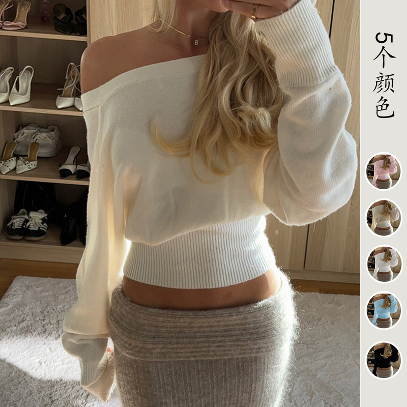Independent Brand 2026 New Product European and American Cross-Border Fashion High-End Design Asymmetric Off-Shoulder Casual Women's Sweater Independent Brand 2026 New Product European and American Cross-Border Fashion High-End Design Asymmetric Off-Shoulder Casual Women's Sweater
