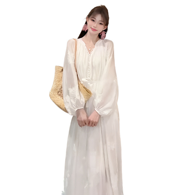 法式高级感绣花天丝长袖连衣裙2025春秋宽松慵懒风绝美纱裙长裙|undefined