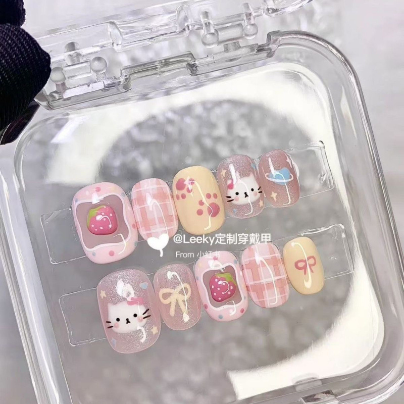 Purely Hand-Painted Whitening Cute Cartoon Strawberry Cat Wearing Nails Super Cute Korean Ins Short Manicure for Students