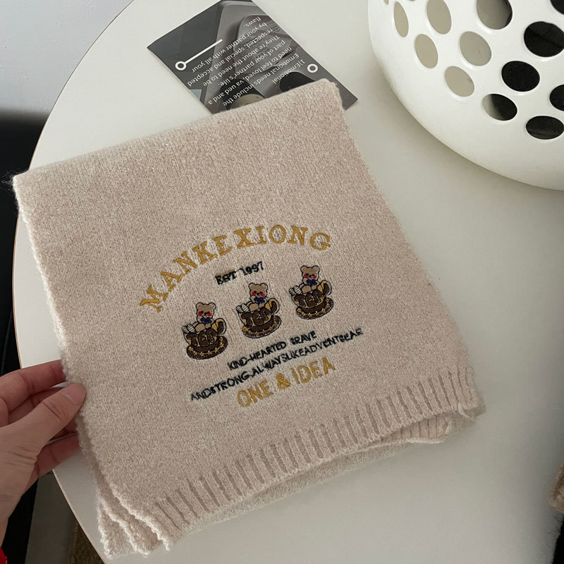 Sciarpa ricamata con tre piccoli orsetti ~ Dolce sciarpa in cashmere per il calore autunnale e invernale delle donne Coppia lavorata a maglia al collo_voghion.com