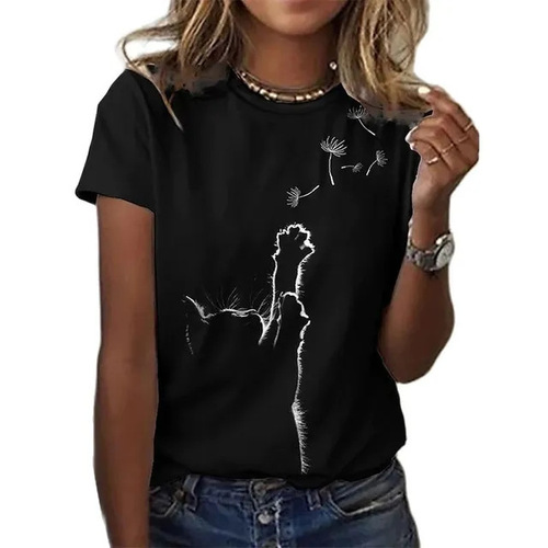 Summer 2024 Foreign Trade Women's Wholesalers Retro Cartoon Cat Cute 3D Print Crew Neck Short Sleeve T-Shirts